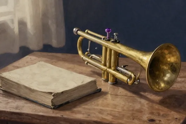 A brass trumpet and a closed plain book rest on a sunlit table.