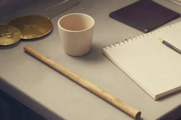 A wooden wand, plain cup and gold disc lie on a carefully prepared worktable.
