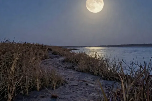 Moonlight reveals a winding shore beside calm water and soft reeds.