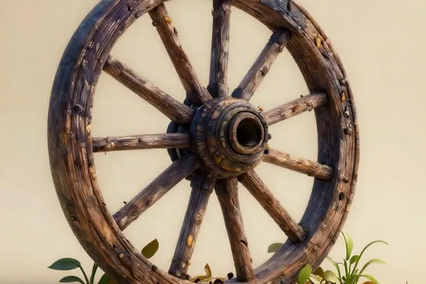 A wooden wheel rests among fallen leaves and fresh green shoots.