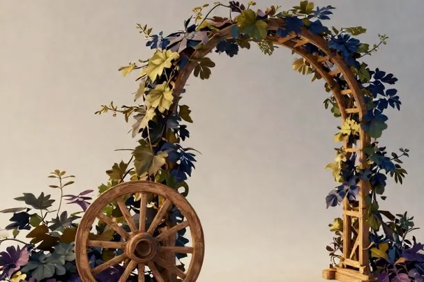 A plain wooden wheel stands beside a living vine trained around an open arch.
