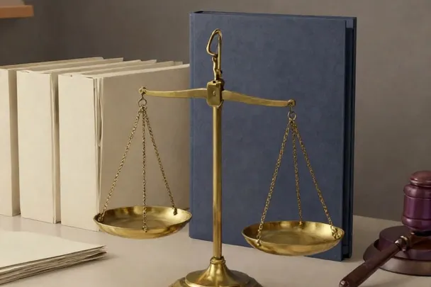 A level brass scale stands beside neatly arranged unmarked folders.