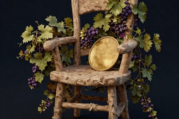 An empty carved wooden chair stands among vines beside a plain gold disc.