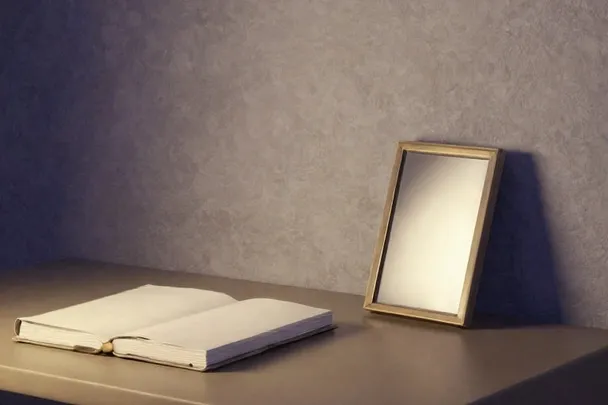 A blank closed journal sits on the left side of a balanced reading desk.
