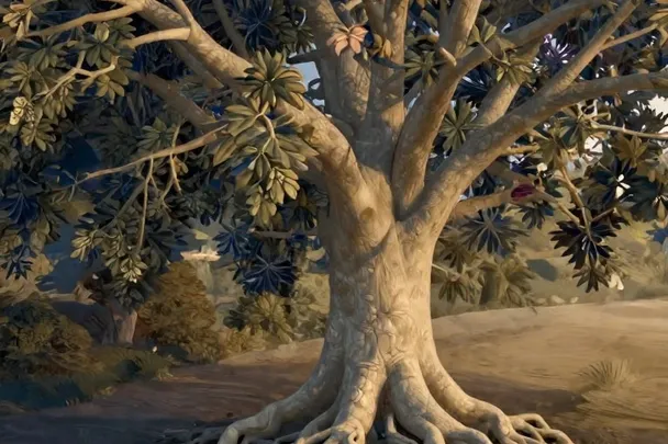 A path winds steadily around a mature tree with exposed surface roots.