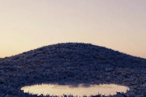 A rounded hill rises gently beneath a soft evening sky.