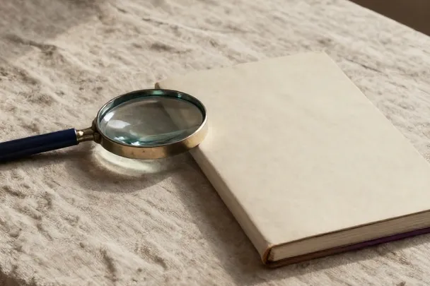 A plain magnifying glass and a closed notebook rest on a quiet consultation table.