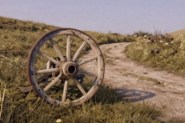 A small wooden wheel rests at the start of a simple unmarked garden path.