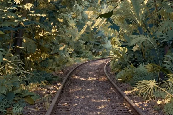 Parallel tracks curve together through a quiet wooded path.