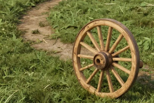 A wooden cart wheel rests beside a winding path and a folded linen travel bag.
