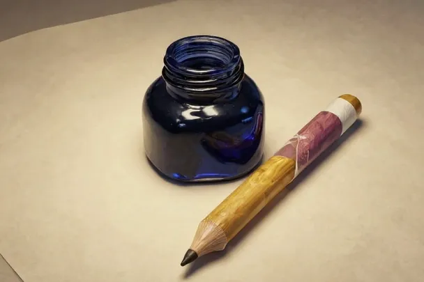 An unmarked roll of tracing paper lies beside a closed portfolio and wooden wheel.