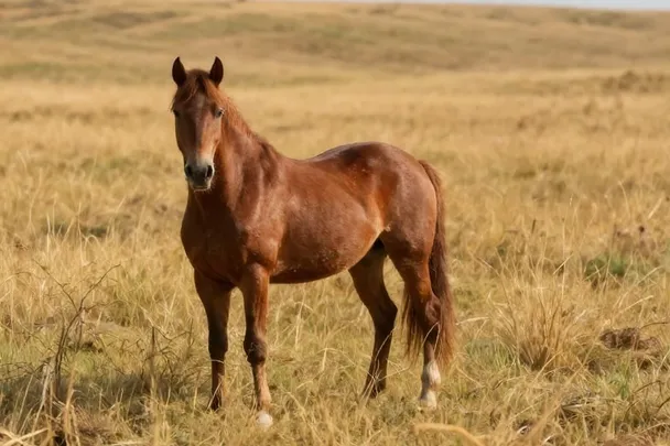 A calm horse stands in a broad meadow beneath a late-autumn sky.