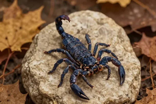 A small scorpion stands calmly on a warm stone in an autumn landscape.