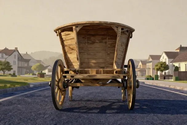 An empty chariot faces an open road with a town receding behind it.