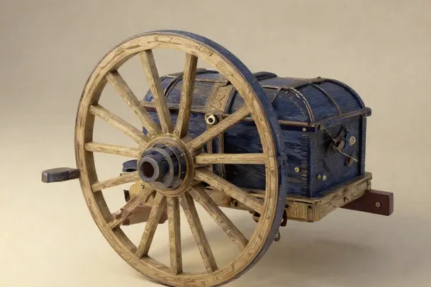 A chariot wheel stands beside a closed plain wooden storage chest.