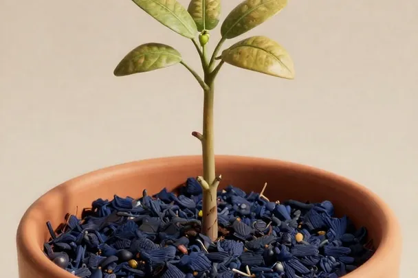 Fresh shoots emerge beside a neatly pruned garden stem in a bright pot.