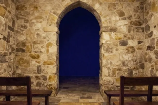 Two empty wooden seats face the same open arch in a quiet hall.