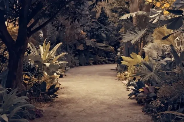A leafy path divides gently around a tree into two equally open routes.