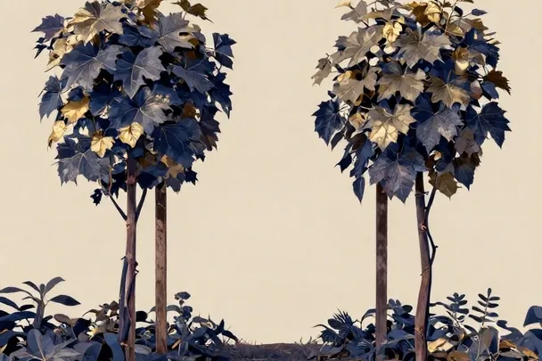 Two young vines grow on separate supports beside the same garden path.