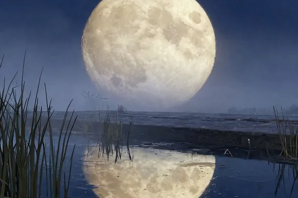 Moonlight reflects in a still pond beside a path partly veiled by mist.