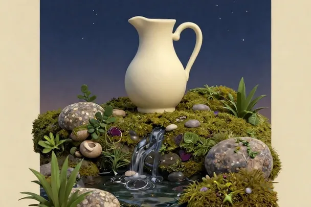 A pitcher stands beside a gently flowing spring under the first evening stars.