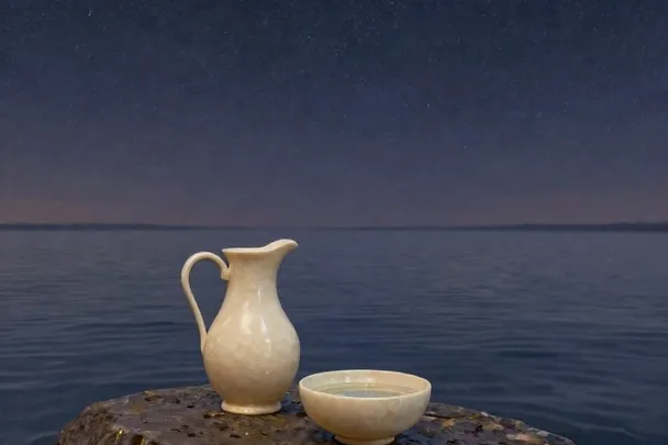 A small pitcher and a bowl of clear water rest beneath a starry sky.