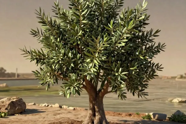 A small healthy tree grows beside a rounded boulder in a sheltered garden.