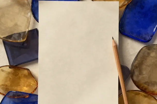 Colored glass pieces rest beside a blank sheet and a plain pencil.