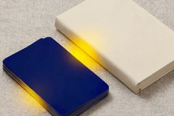 A neat stack of plain indigo-backed cards beside a closed reference notebook