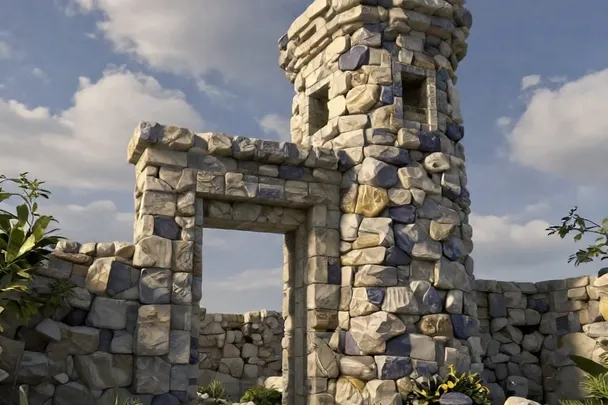 A solid stone tower rises beside an open doorway under clearing clouds.