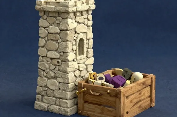 An intact stone tower stands beside a neat box of reusable building blocks.