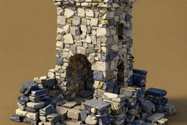 An intact stone tower stands beside neatly arranged rebuilding materials.