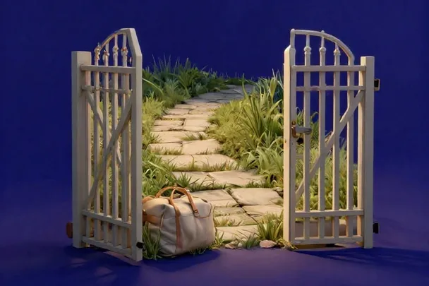 An open gate reveals the beginning of a quiet garden path.