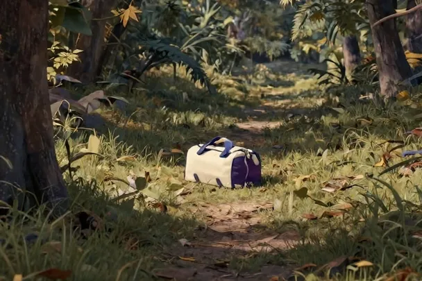 A small travel bundle rests at a grassy fork in a safe woodland path.