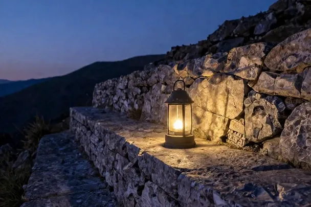 A small lantern rests on a stone ledge overlooking a quiet mountain path.