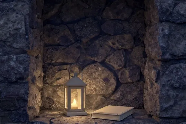 A small lantern rests beside an unmarked closed journal in a quiet alcove.