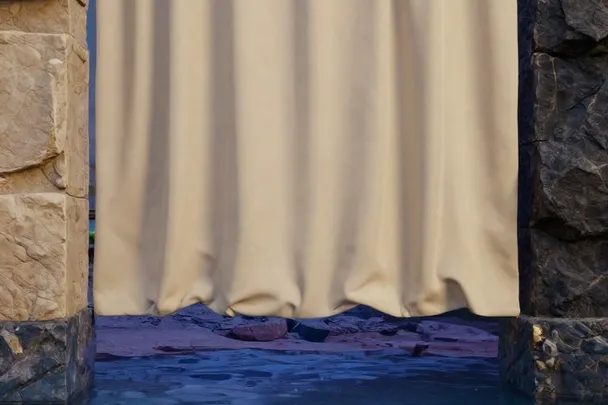 A light curtain hangs between contrasting stone pillars beside a still pool.