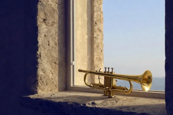 A plain brass trumpet rests beside an open window in morning light.