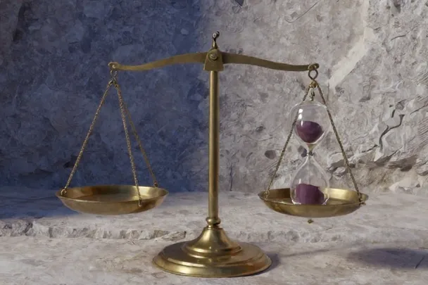 A balanced brass scale stands beside a sand-filled hourglass.