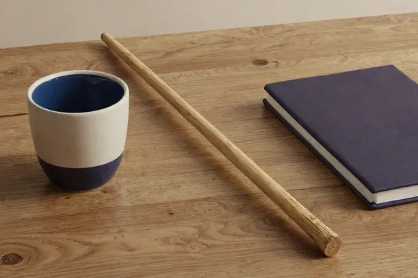 A plain wooden wand, ceramic cup and closed notebook lie ready on an orderly table.