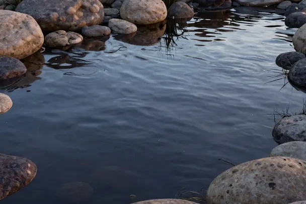 Clear water ripples between separated stones beneath the evening sky.
