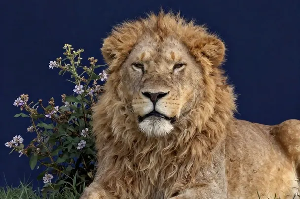 A calm lion rests beside a flowering shrub with its mouth closed.