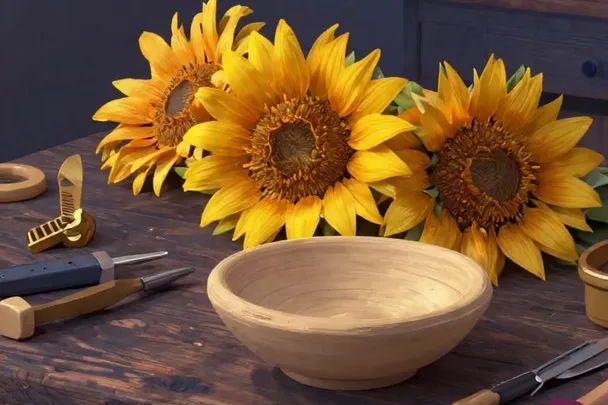 Sunlight falls across an orderly workbench beside blooming sunflowers.