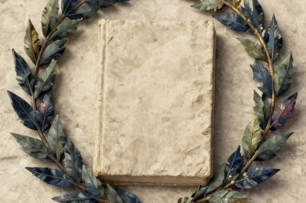 A complete laurel wreath rests beside a closed unmarked book.