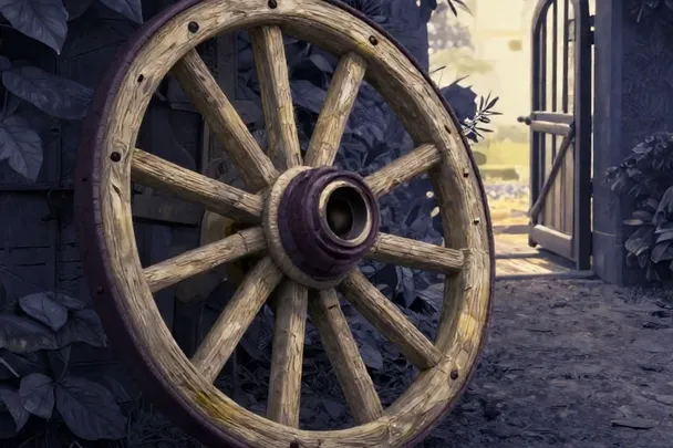 A wooden wheel beside a garden path that curves back toward an open gate.