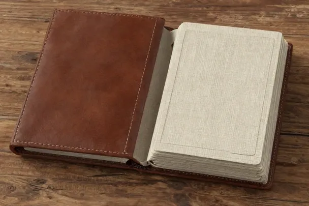 Cuaderno cerrado de tapas lisas junto a un pequeño paquete envuelto en lino.