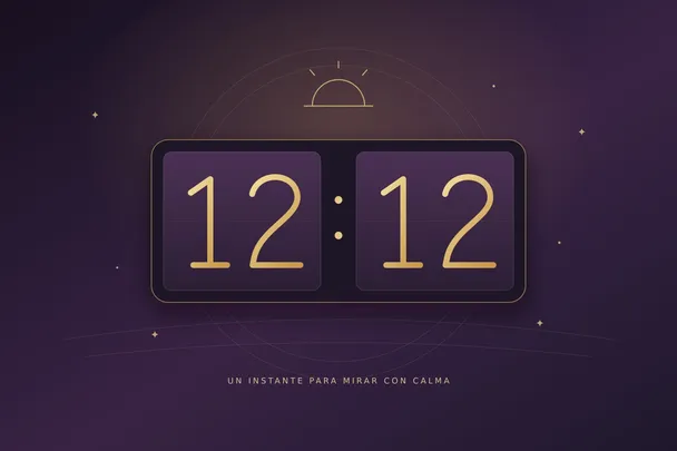 Reloj ilustrado que marca las 12:12 con cifras doradas sobre dos paneles violetas y un pequeño sol encima
