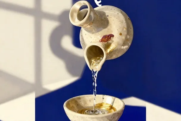 Vasija de cerámica vierte agua en una composición ligera de tonos índigo y oro