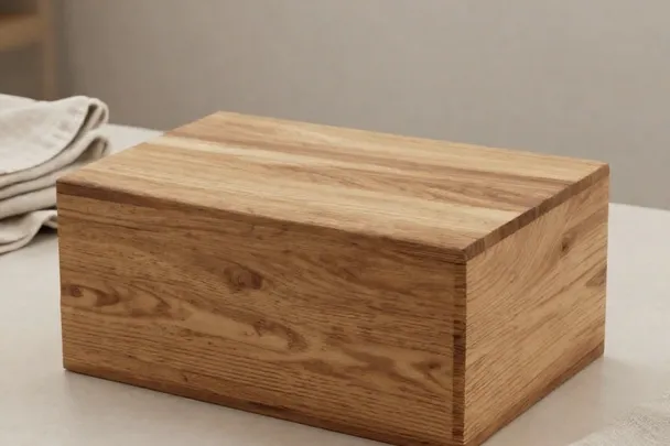 Mesa de trabajo ordenada con una caja terminada de madera.