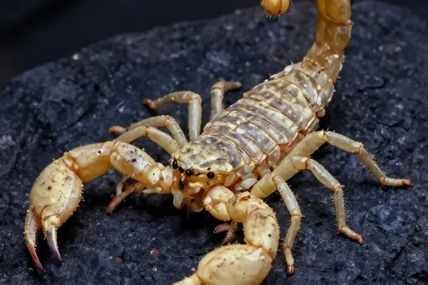 Escorpión real descansa sobre una roca oscura bajo una luz suave